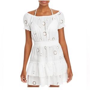 NWT Aqua Swim Ivory White Cotton Eyelet Floral Peasant Off The Shoulder Cover-up